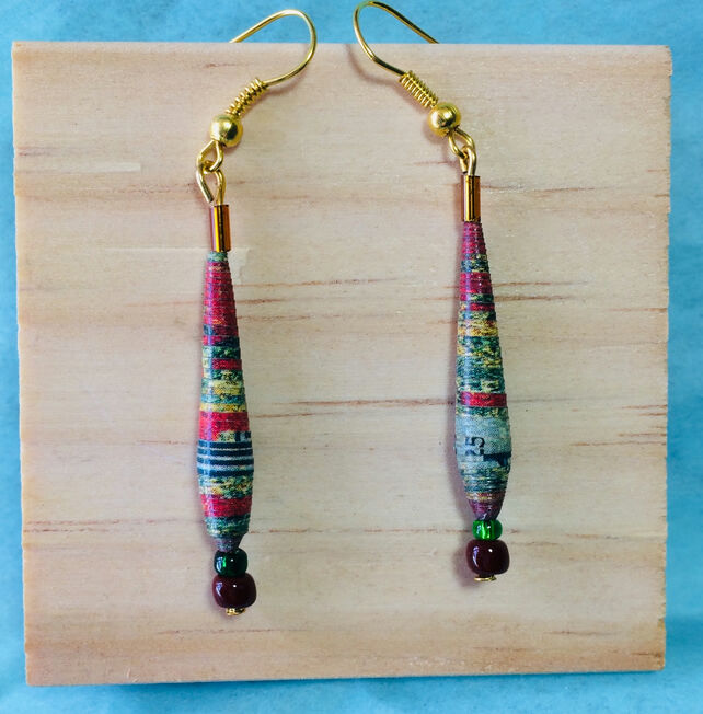 Green paper bead earrings with multi-color chain dangle - Trinick Designs